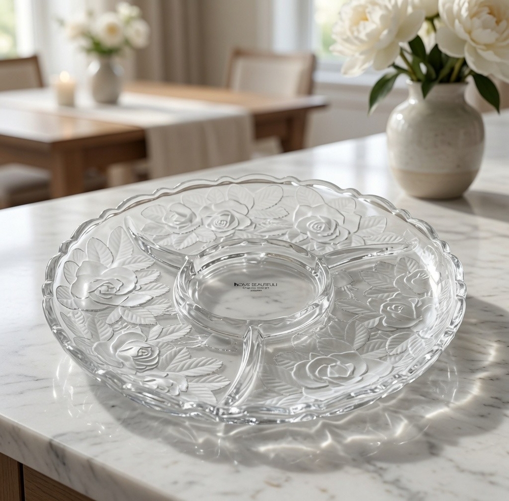 Vintage Home Beautiful Rose Glass Divided Relish Tray Japan Platter NIB